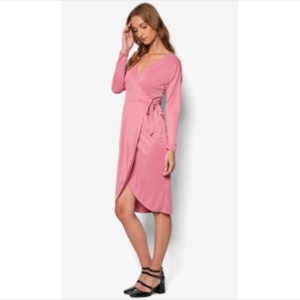 TOPSHOP Rose Colored Midi Long Sleeve Wrap Dress‎ Women's 4 Romantic Feminine
